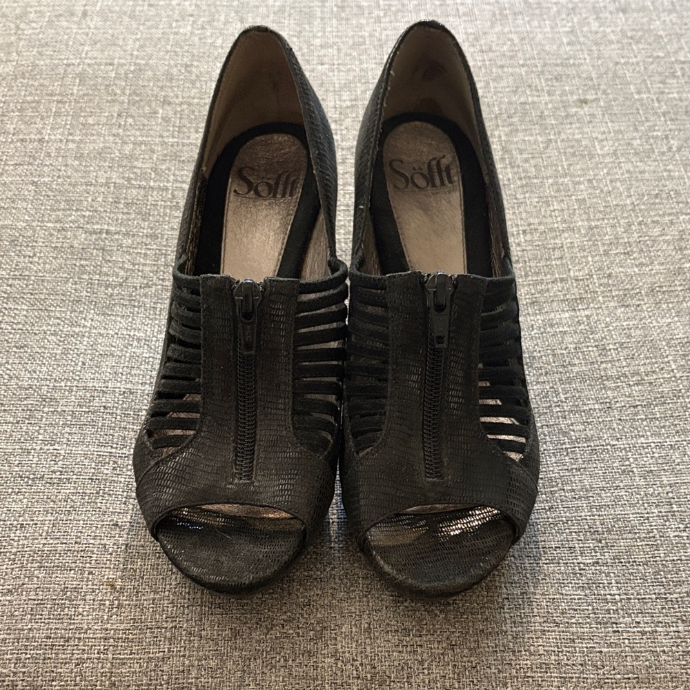 Sofft Black Peep-Toe Cutout Wedge Heels with Front Zipper